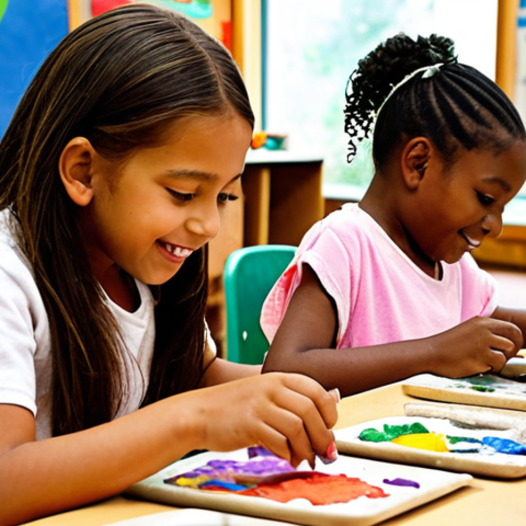 **A vibrant and colorful children's art class**: Show children of diverse backgrounds engaged in various art activities like painting, sculpting with clay, and creating collages with recycled materials. The classroom should be filled with natural light and display children's artwork. Focus on capturing the joy and creativity of the children.