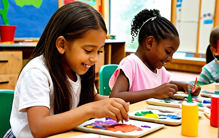 **A vibrant and colorful children's art class**: Show children of diverse backgrounds engaged in various art activities like painting, sculpting with clay, and creating collages with recycled materials. The classroom should be filled with natural light and display children's artwork. Focus on capturing the joy and creativity of the children.