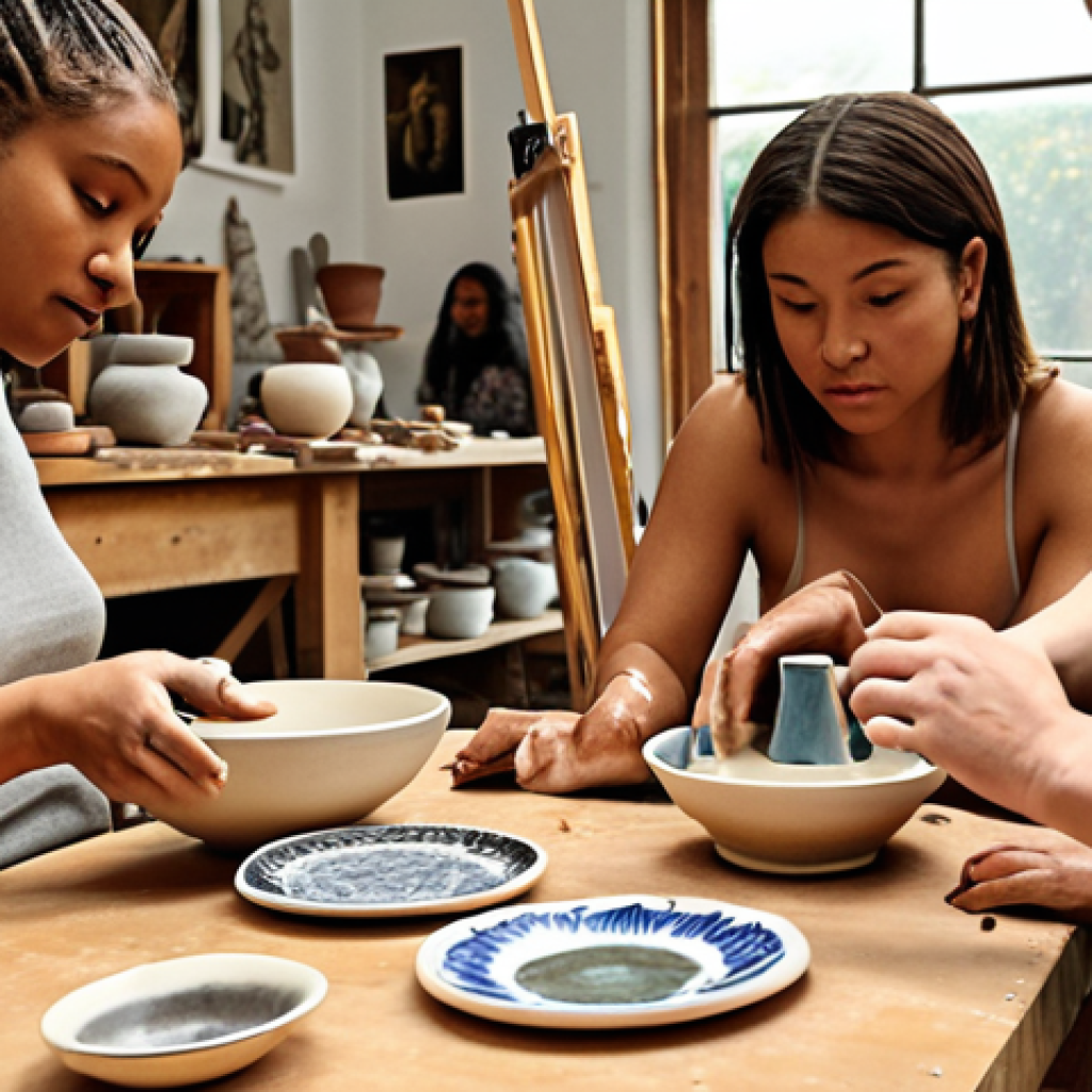 **

"Diverse group in art studio, hands-on ceramics class, instructor guiding, natural light, warm atmosphere."

**