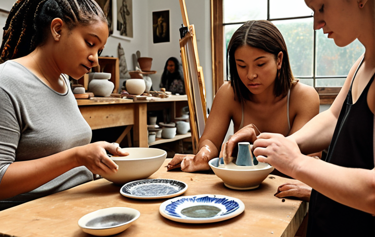 **
"Diverse group in art studio, hands-on ceramics class, instructor guiding, natural light, warm atmosphere."
**