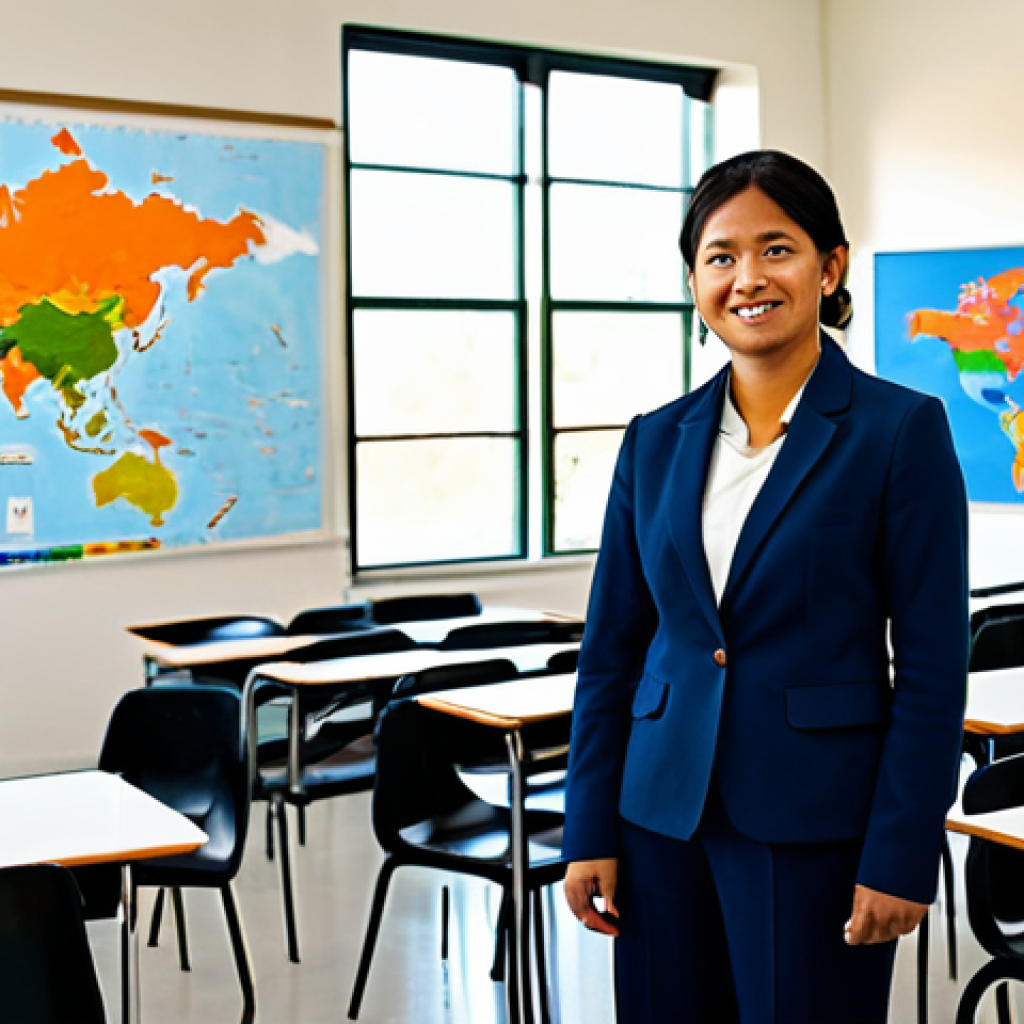 A professional art educator in a modest, professional blazer and slacks, standing in a brightly lit, modern international school art classroom. Diverse students (fully clothed, family-friendly) are engaged in creative activities in the background. A global map with art project markers is visible on the wall. safe for work, appropriate content, fully clothed, professional dress, perfect anatomy, correct proportions, natural pose, well-formed hands, proper finger count, natural body proportions, high-quality photograph, vivid colors, warm lighting.