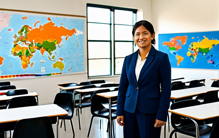 A professional art educator in a modest, professional blazer and slacks, standing in a brightly lit, modern international school art classroom. Diverse students (fully clothed, family-friendly) are engaged in creative activities in the background. A global map with art project markers is visible on the wall. safe for work, appropriate content, fully clothed, professional dress, perfect anatomy, correct proportions, natural pose, well-formed hands, proper finger count, natural body proportions, high-quality photograph, vivid colors, warm lighting.