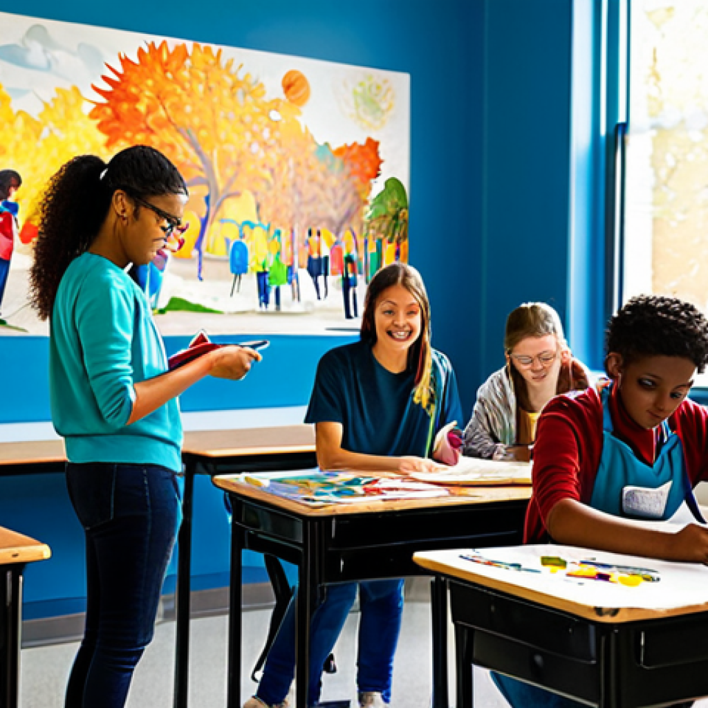 **
A diverse group of fully clothed students engaged in a hands-on art project, painting vibrant murals in a sunlit classroom. The scene emphasizes collaboration and creativity, with colorful artwork displayed on the walls. Appropriate attire, safe for work, perfect anatomy, natural proportions, professional photography, high quality.
**
