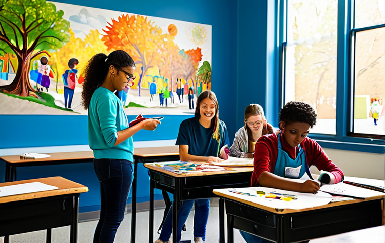 **
A diverse group of fully clothed students engaged in a hands-on art project, painting vibrant murals in a sunlit classroom. The scene emphasizes collaboration and creativity, with colorful artwork displayed on the walls. Appropriate attire, safe for work, perfect anatomy, natural proportions, professional photography, high quality.
**
