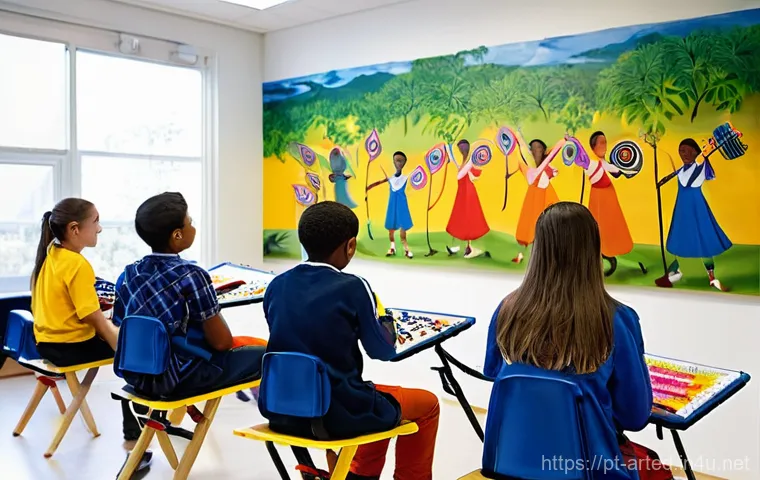미술교육사 관련 최신 법규 - **Prompt:** A dynamic and colorful scene in a lively public school art classroom, resembling those f...