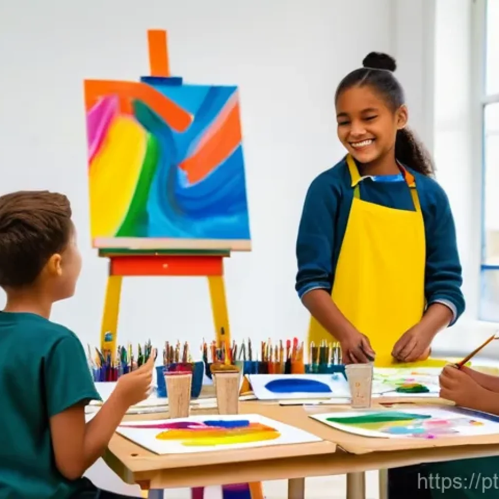 미술교육사 직무 체험 프로그램 - **Prompt:** A dynamic and diverse group of primary school children, aged 7-10, engaged in a vibrant ...