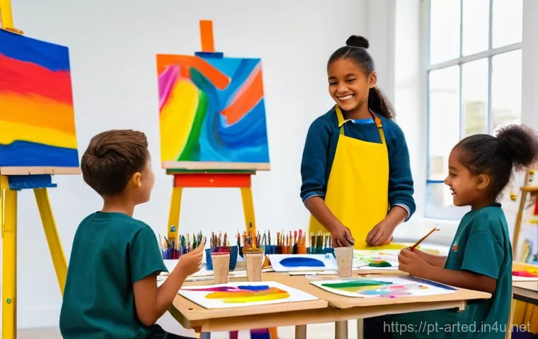 미술교육사 직무 체험 프로그램 - **Prompt:** A dynamic and diverse group of primary school children, aged 7-10, engaged in a vibrant ...
