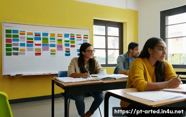 미술교육사 자격증 시험 합격률 - A diverse group of adult students studying for an arts education certification exam in a modern Braz...