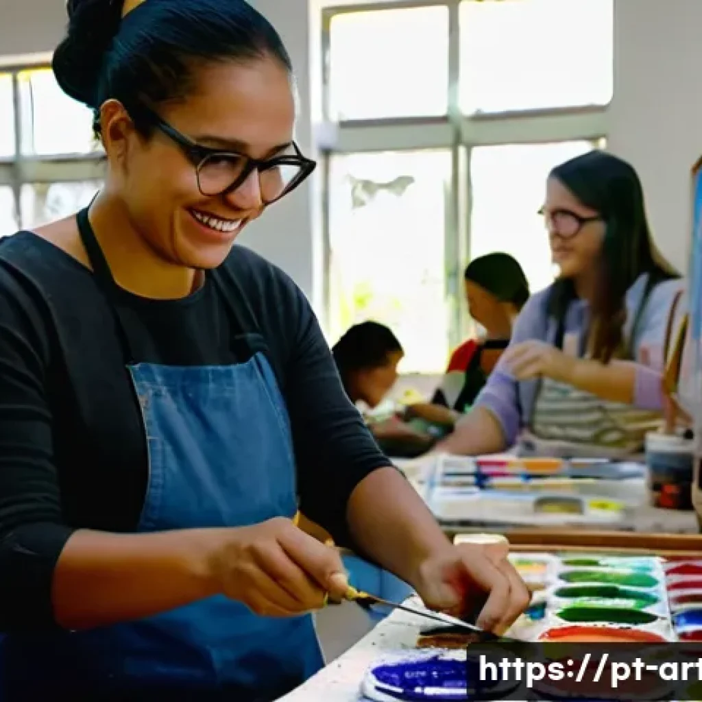 미술교육사 자격증 없는 사람의 대안 - A vibrant art workshop scene in a cozy community center in Brazil, featuring diverse adult students ...