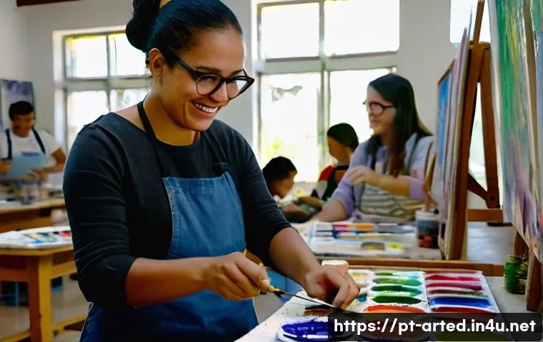 미술교육사 자격증 없는 사람의 대안 - A vibrant art workshop scene in a cozy community center in Brazil, featuring diverse adult students ...
