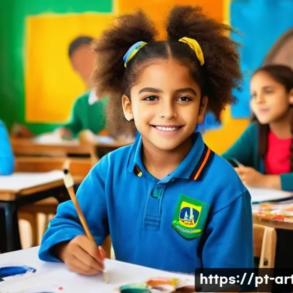 미술교육사 자격증 취득 후 커리어 - A vibrant classroom scene in a Brazilian public school focused on artistic education, featuring a di...