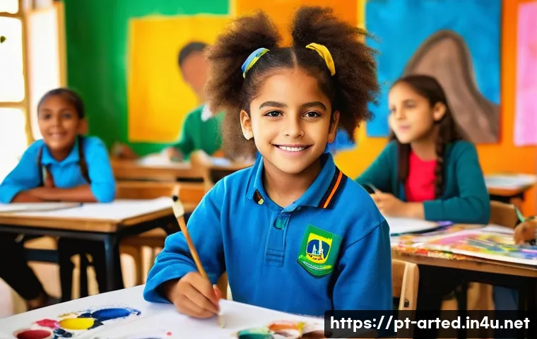 미술교육사 자격증 취득 후 커리어 - A vibrant classroom scene in a Brazilian public school focused on artistic education, featuring a di...