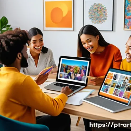 미술교육사 자격증 공부 커뮤니티 활용 - A vibrant online study group for art education certification, showing diverse young adults engaging ...