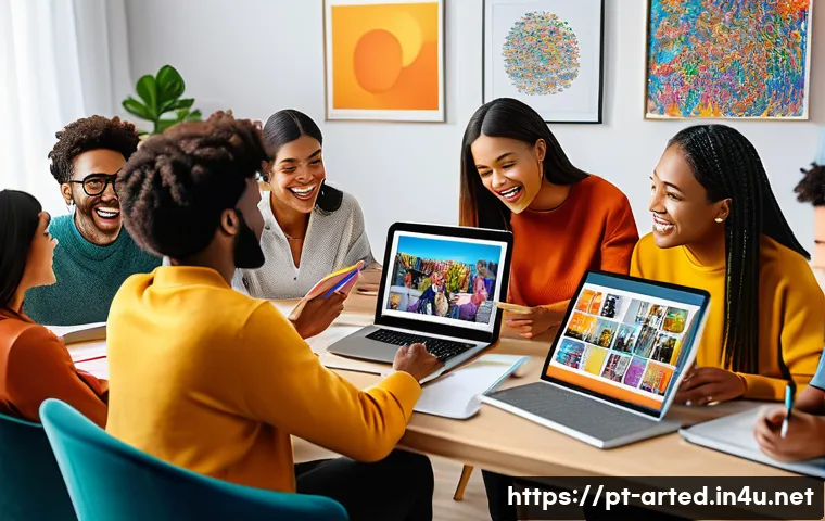 미술교육사 자격증 공부 커뮤니티 활용 - A vibrant online study group for art education certification, showing diverse young adults engaging ...