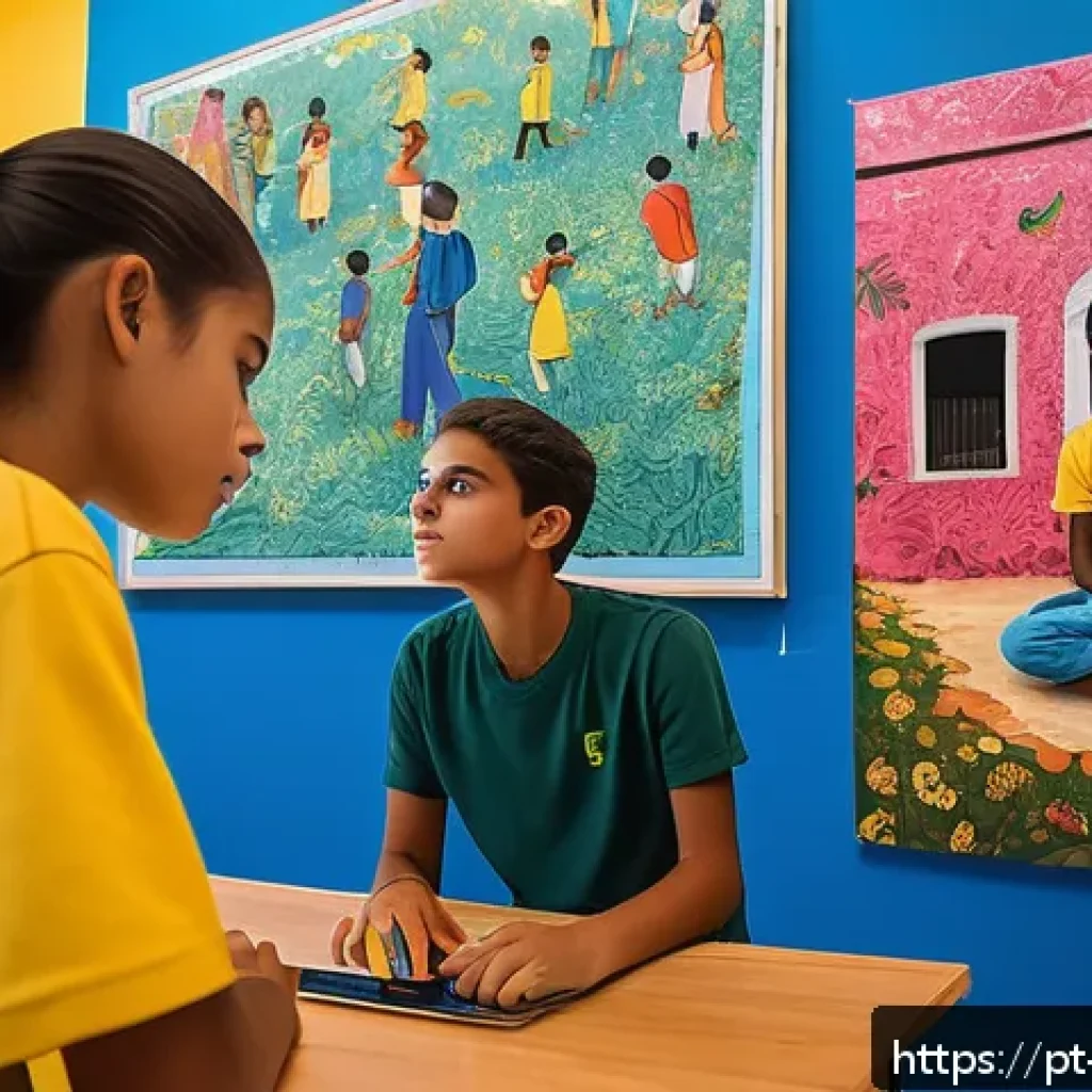미술교육사와 현대미술 교육 사례 - A vibrant classroom scene in a modern Brazilian school where diverse students actively engage in an ...