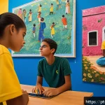 미술교육사와 현대미술 교육 사례 - A vibrant classroom scene in a modern Brazilian school where diverse students actively engage in an ...