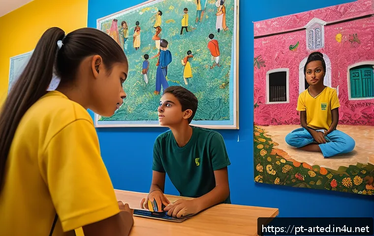 미술교육사와 현대미술 교육 사례 - A vibrant classroom scene in a modern Brazilian school where diverse students actively engage in an ...