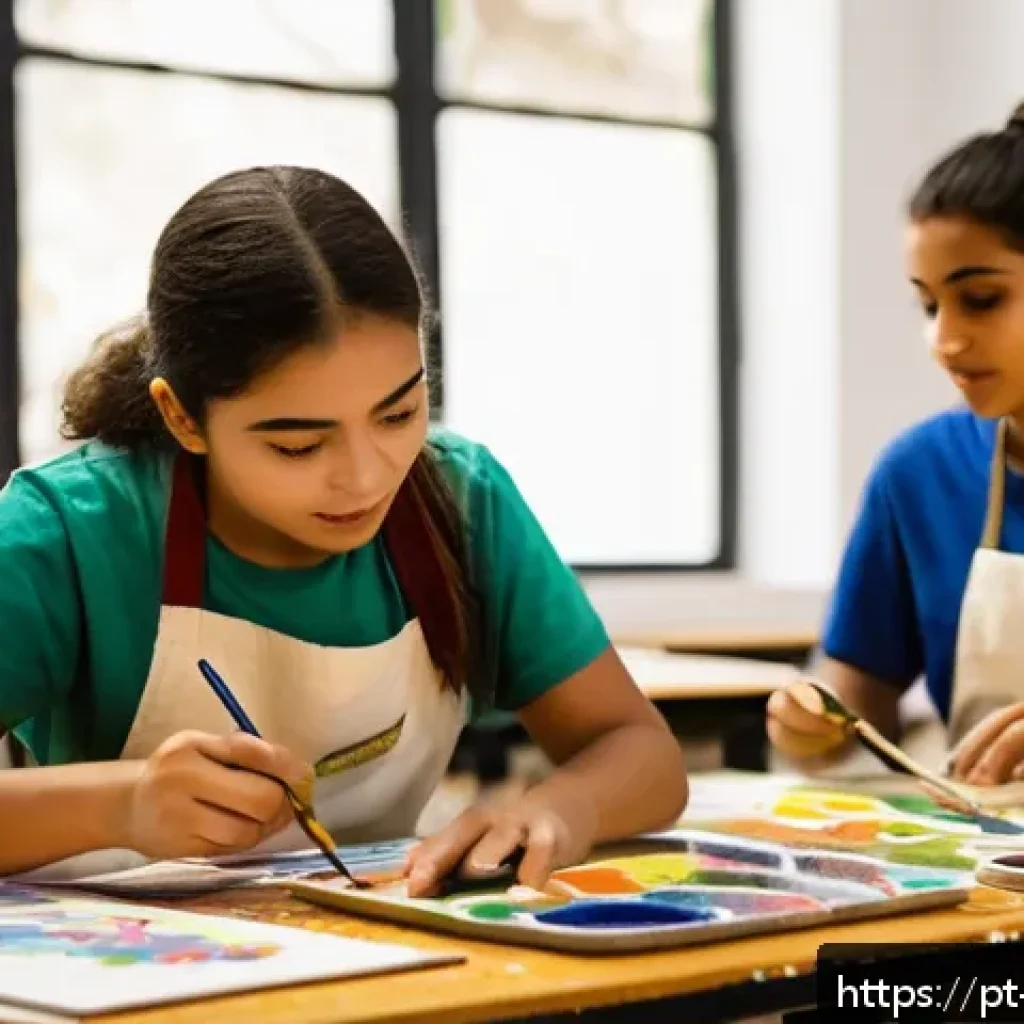 미술교육사 주요 중점 과목 - A vibrant classroom scene in a Brazilian art school, featuring diverse students actively engaged in ...