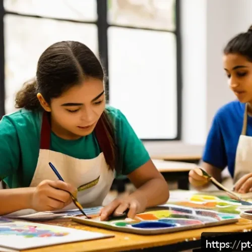미술교육사 주요 중점 과목 - A vibrant classroom scene in a Brazilian art school, featuring diverse students actively engaged in ...