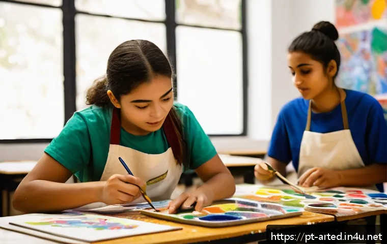 미술교육사 주요 중점 과목 - A vibrant classroom scene in a Brazilian art school, featuring diverse students actively engaged in ...
