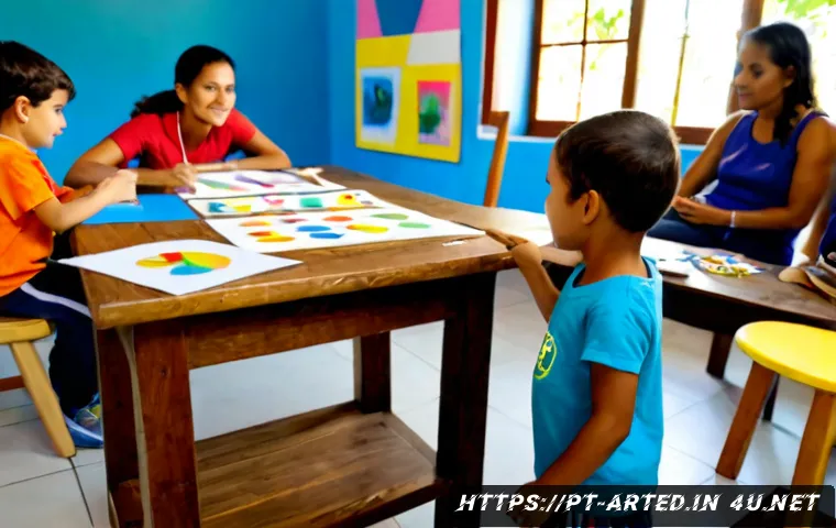 Home 17 미술교육사와 부모 교육 프로그램 - Photorealistic community art education workshop in a bright Brazilian cultural center, friendly art ...